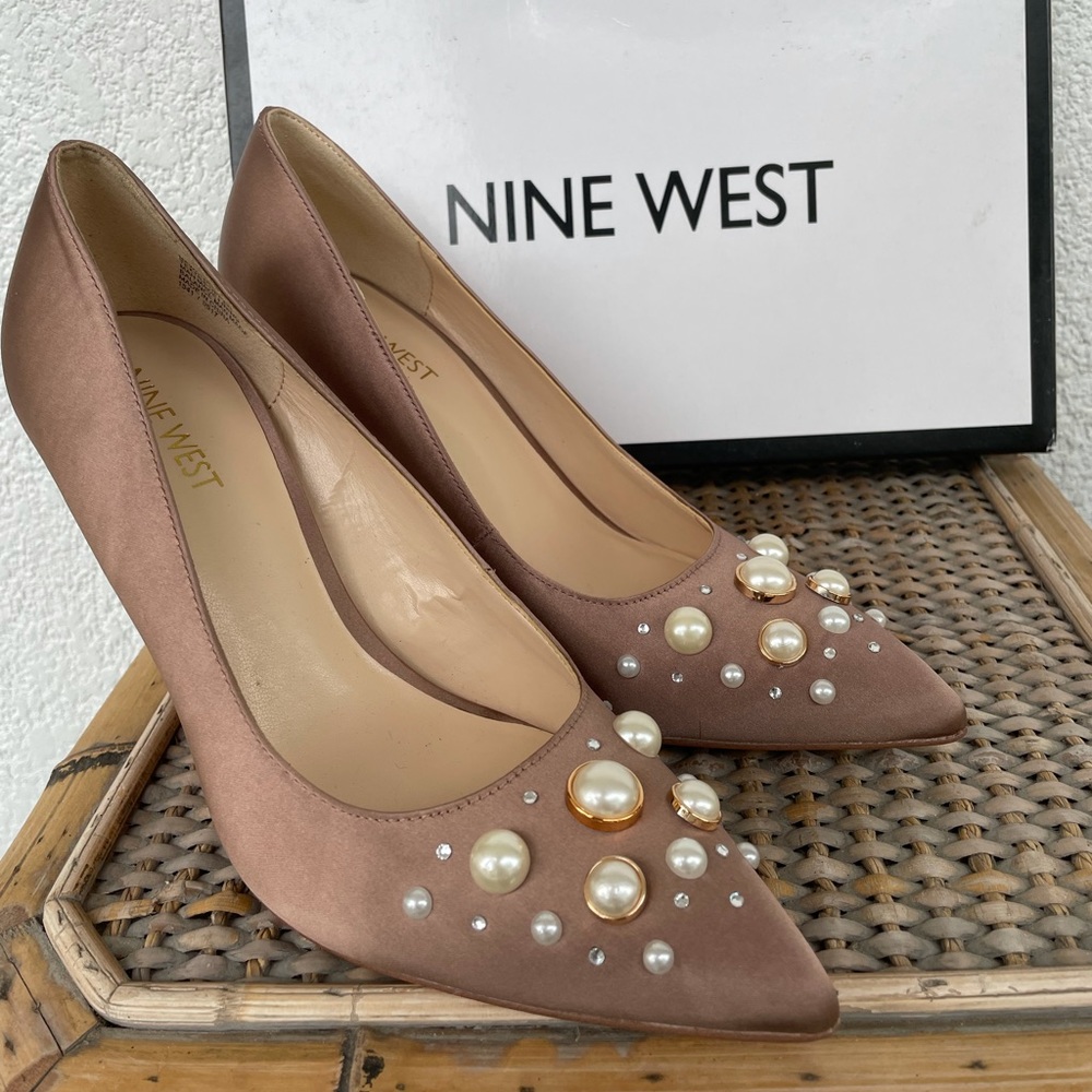 Satin blush pearl detail pumps